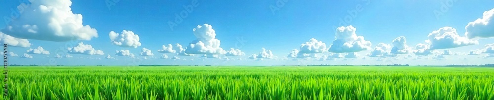 Obraz premium Blue sky with scattered white clouds, rice paddies in background, plant, growth, green