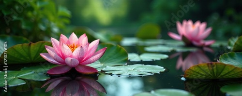 Water lily pond with pink lotus and surrounding foliage, landscape, flowers