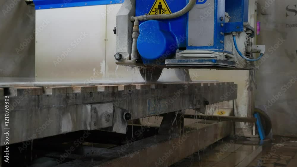 Automated saw is cutting the stone into the small slabs in a production workshop. Modern Industrial Processing CNC Saw Machine Spraying Water For Cooling. Manufacturing kitchen countertop quartz Automated saw is cutting the stone into the small slabs in a production workshop. Modern Industrial Processing CNC Saw Machine Spraying Water For Cooling. Manufacturing kitchen countertop quartz