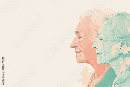 Elderly couple side profile illustration showcasing the beauty of aging and companionship over time