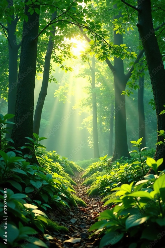 Obraz premium dense forest with sunlight filtering through leaves, green, foliage