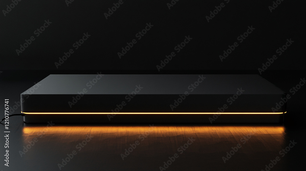 Minimalistic Dark Podium with Warm Light Illumination on Wooden Surface Minimalistic Dark Podium with Warm Light Illumination on Wooden Surface