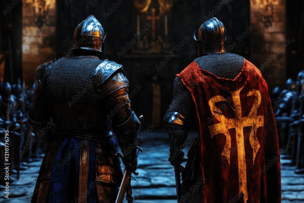 Two knights in armor facing forward in dimly lit medieval hall Two knights in armor facing forward in dimly lit medieval hall