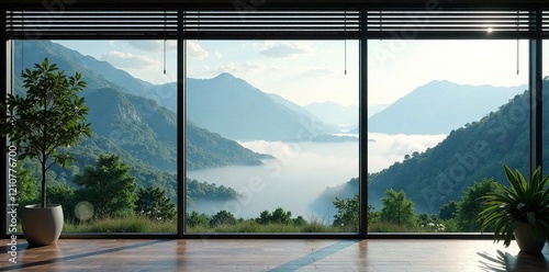 Misty mountains through large glass windows with blinds, scenery, glass, window