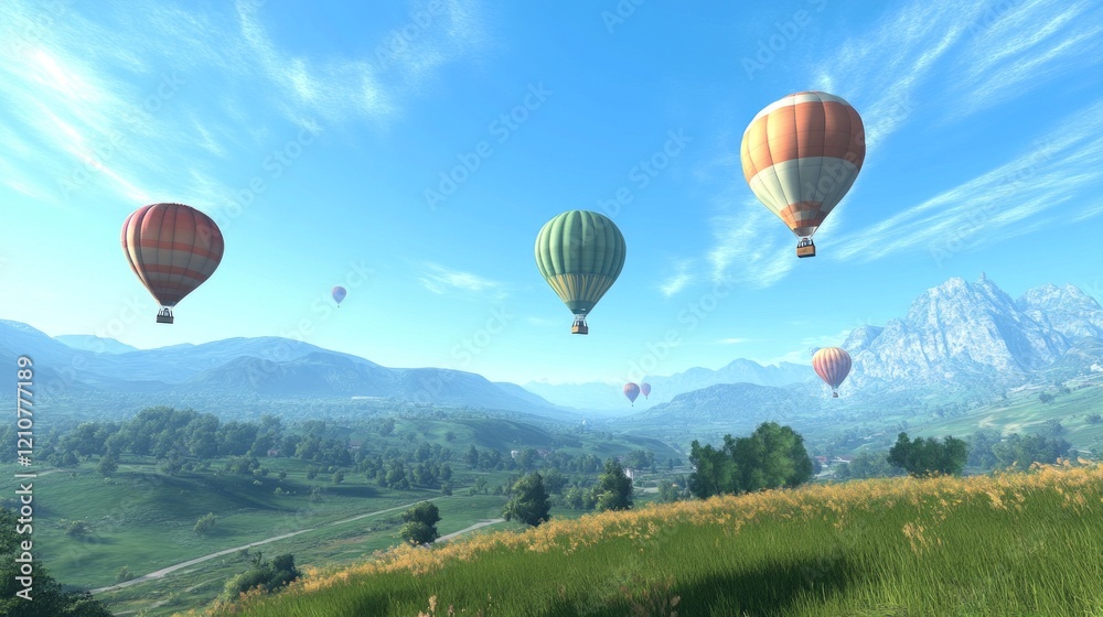 Naklejka premium Hot air balloons floating over a green valley, clear blue sky, scenic landscape, calm and peaceful, highly detailed