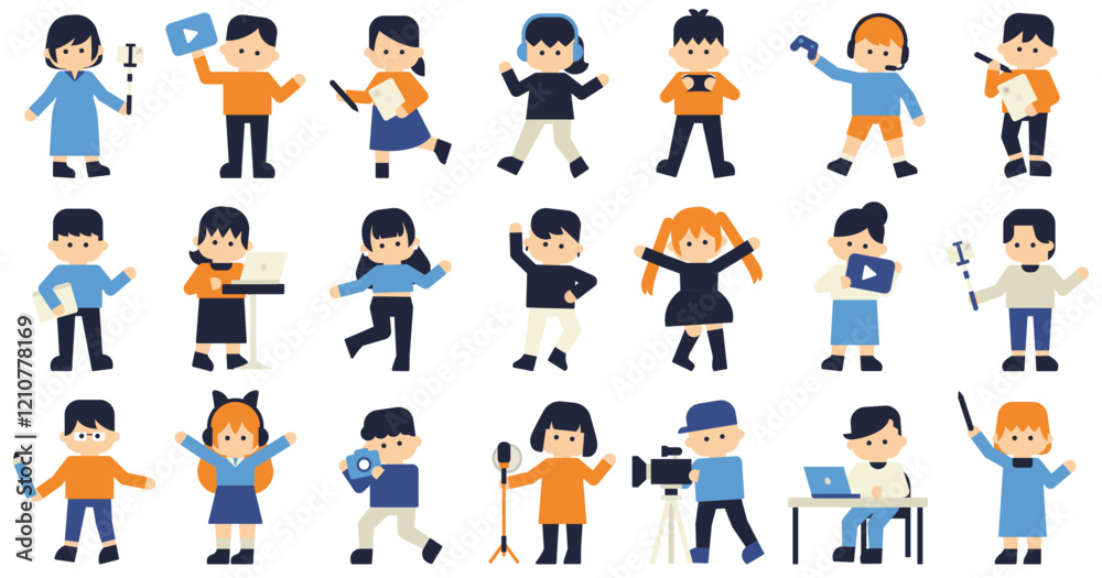 コンテンツクリエーターのフラットなデザインイラスト|デフォルメなキャラクター 人々の人物素材セット コンテンツクリエーターのフラットなデザインイラスト|デフォルメなキャラクター 人々の人物素材セット