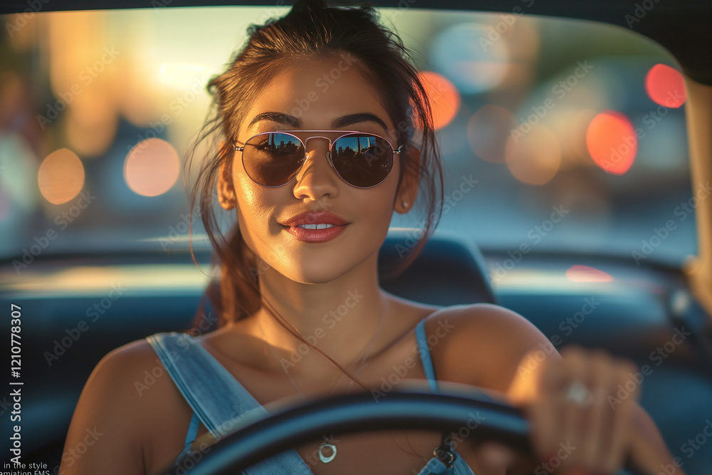 A woman is driving a car with her sunglasses on A woman is driving a car with her sunglasses on