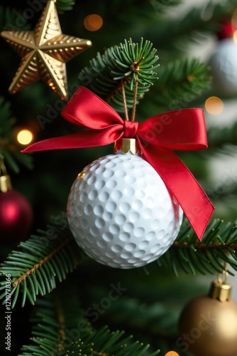 Red ribbon-tied golf ball ornament on Christmas tree, star, pinecone
