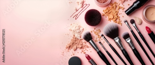 Makeup products, brushes arranged on pink surface. Various beauty products including powder compacts, eyeshadows, lip glosses, cosmetic brushes displayed. Colorful makeup products displayed on pastel photo