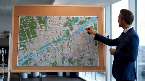 Man Explains Detailed City Transit Map in Conference Room While Standing Next to Large Presentation Board