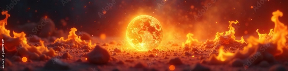 A glowing sphere amidst a sea of orange and yellow flames, radiance, light, fire A glowing sphere amidst a sea of orange and yellow flames, radiance, light, fire