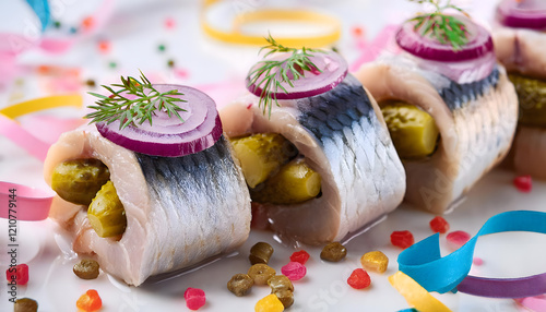 rollmops, Katerfrühstück, matjes, hering, karneval, essen, neu, kölle, alaaf, essen, köln, Rosenmontag, fisch, Kater, frühstück, frühstücken, gurken, zwiebeln, konfetti, luftschlangen, teller, zwiebel