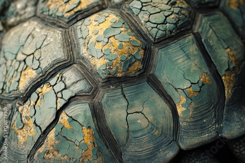 An intricate pattern of a turtle's aged, cracked shell reveals a textured beauty, highlighting nature's resilience and artistry. photo