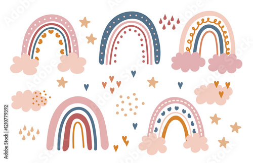  pastel rainbow set with clouds, hearts, and stars.  hand drawn  Scandinavian boho baby shower elements