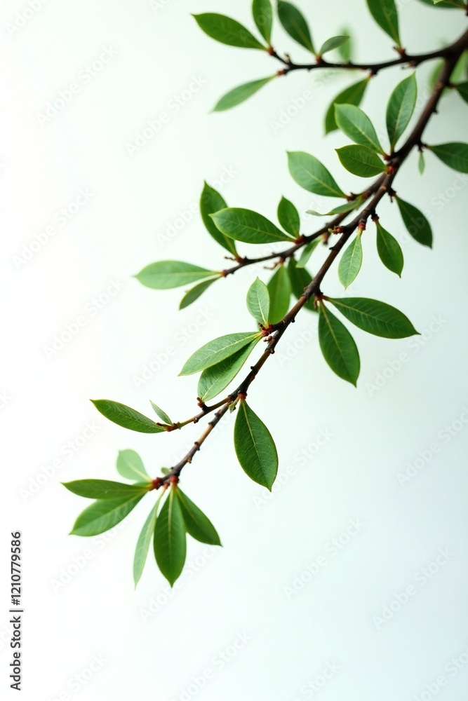 Delicate privet twig branches unfolding on white background, nature, garden, foliage Delicate privet twig branches unfolding on white background, nature, garden, foliage