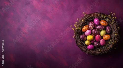 Easter eggs nest purple background celebration