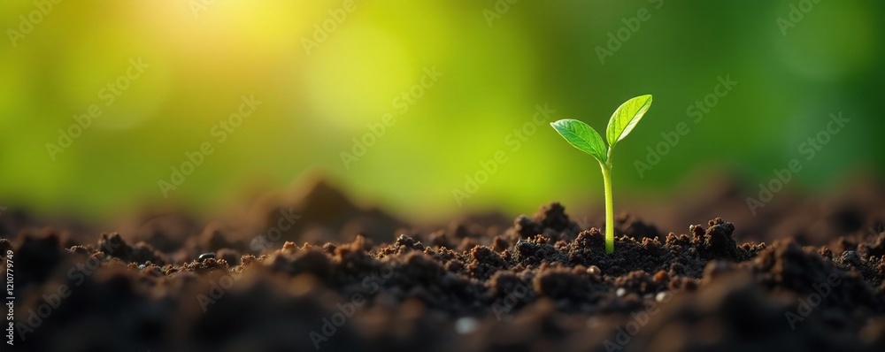 Fototapeta premium Fresh green seeds germinate on soft soil under gentle morning light, botanicals, earthy tones, plant growth