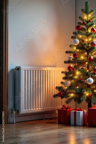 A white radiator reflects the festive colors of a nearby Christmas tree, radiant light, wooden accent