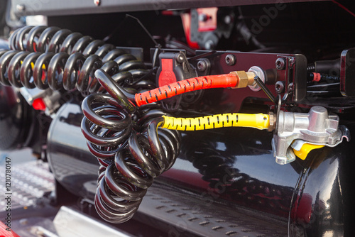 Electrical wiring and hydraulics of a truck.
