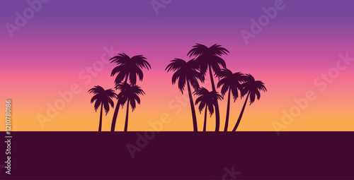 Sunset with beach and palms. Vacation time. Beach and Summer background. Trendy colorful 
Sunset with palm treess silhouette. Vector illustration. Ideal for print, poster, wallpaper, fabric, fashion.