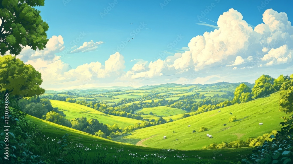Fototapeta premium Lush green countryside with rolling hills and blue sky, peaceful and serene, highly detailed, tranquil and inviting, calm and idyllic atmosphere