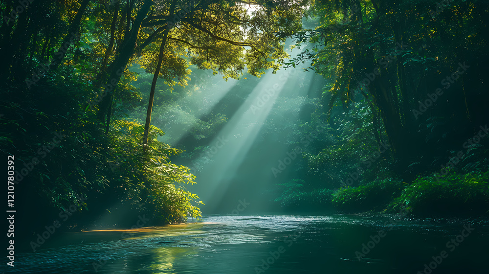 Enchanted rainforest oasis crystalline river winds through lush emerald canopy sunbeams filtering through misty air vibrant flora hidden creatures ethereal atmosphere. Emerald Oasis. Illustration Enchanted rainforest oasis crystalline river winds through lush emerald canopy sunbeams filtering through misty air vibrant flora hidden creatures ethereal atmosphere. Emerald Oasis. Illustration