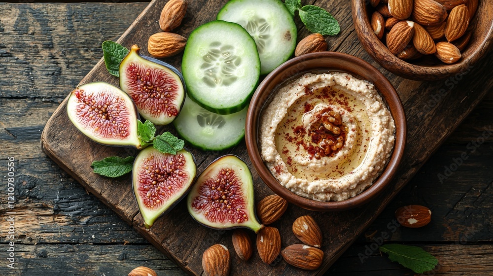 Flatlay snack board with nuts figs cucumber hummus Flatlay snack board with nuts figs cucumber hummus