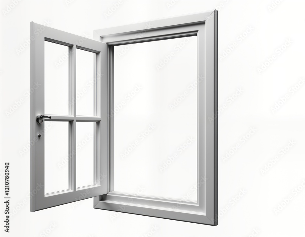 White open window with trim shows inside room. Open window shows view of empty outdoors. Modern style. Classic design. Residential home element. Fresh, clean. Simple, elegant. Contemporary design. White open window with trim shows inside room. Open window shows view of empty outdoors. Modern style. Classic design. Residential home element. Fresh, clean. Simple, elegant. Contemporary design.