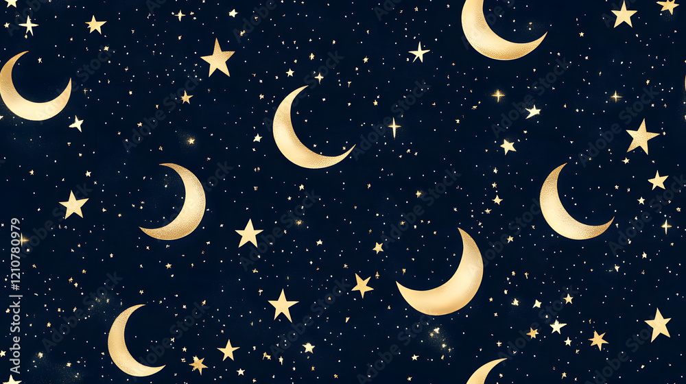 Dreamy navy background with scintillating stars and lunar motifs Dreamy navy background with scintillating stars and lunar motifs