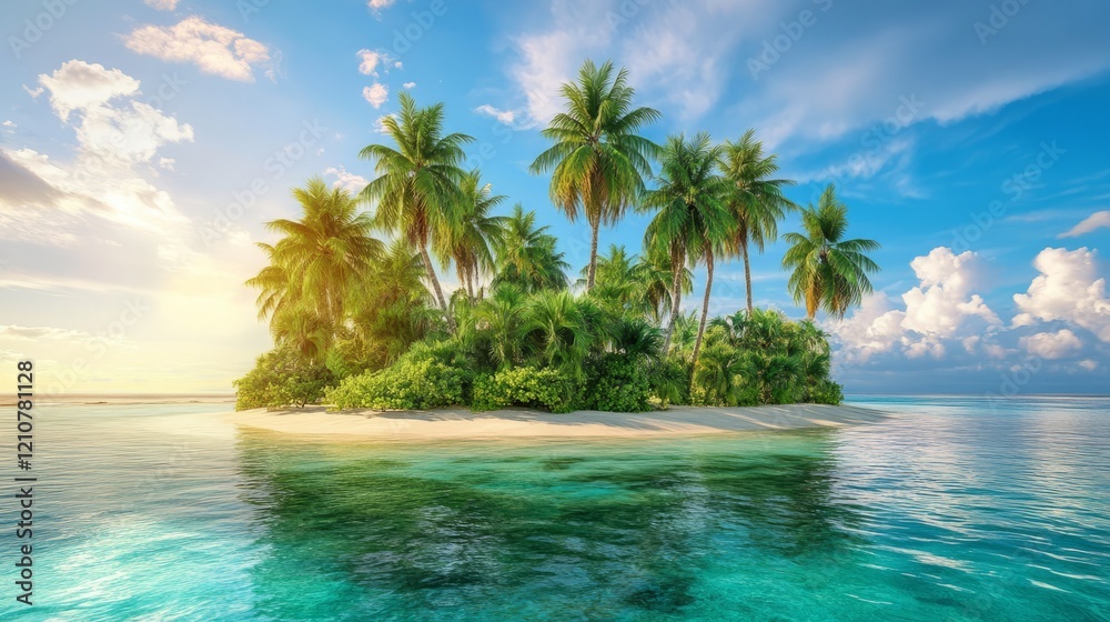Lush tropical island with palm trees and clear blue water, soft light, peaceful and inviting, highly detailed, warm and idyllic, calm and serene atmosphere Lush tropical island with palm trees and clear blue water, soft light, peaceful and inviting, highly detailed, warm and idyllic, calm and serene atmosphere