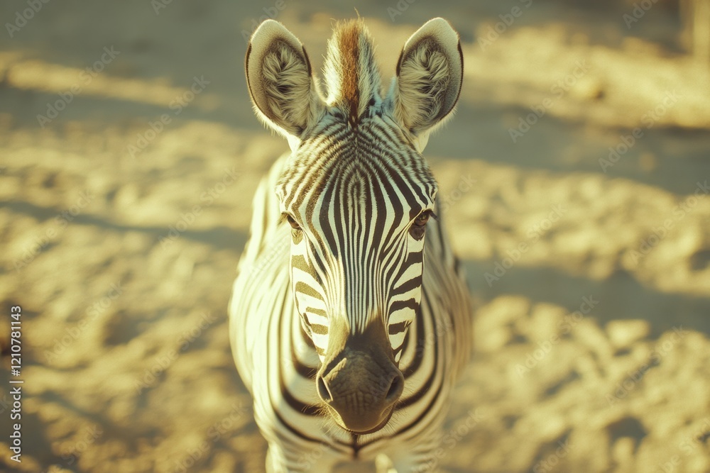Naklejka premium A zebra stands in golden light, its striking stripes accentuated against the sandy backdrop, embodying wild grace.