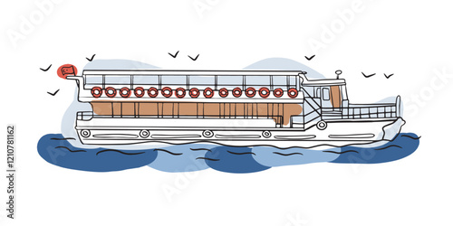 Canvas Print Illustrated Bosphorus ferry cruising the sea, representing Istanbul’s scenic views and cultural charm