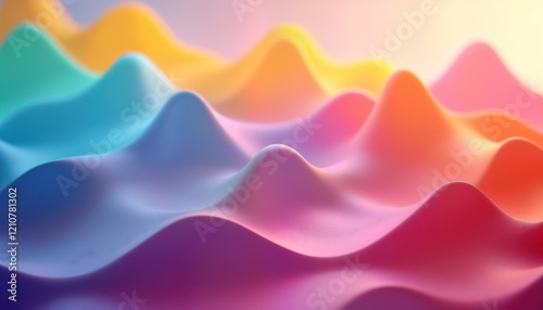 Abstract 3D render shows vibrant rainbow waves. Fluid curves, soft gradients create dynamic, colorful effect. Smooth transitions between colours evoke sense of motion, flow. Digital illustration photo