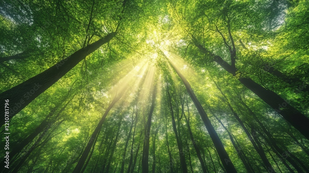 Obraz premium Sunbeams Piercing Through Lush Forest Canopy: Breathtaking Nature Scene