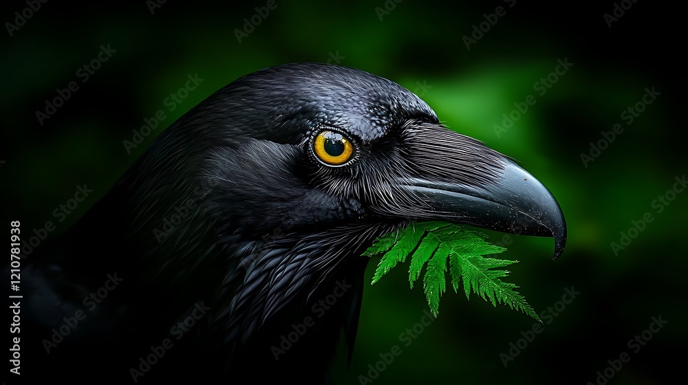 Raven close-up, fern in beak, forest background, nature photography Raven close-up, fern in beak, forest background, nature photography