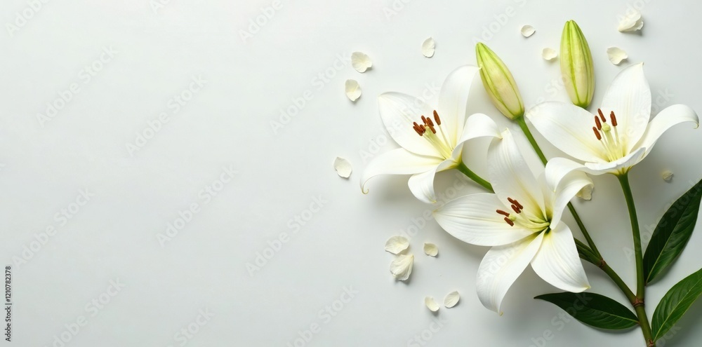Fototapeta premium A sprinkling of white lily flowers adds elegance to the smooth surface, pure, clean, classic