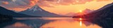 Majestic mountain peaks touch serene lake horizon at golden sunset, serene, landscape, hill