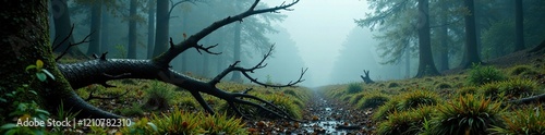 Forest scene with felled tree branches and fog in the distance, wet, nature