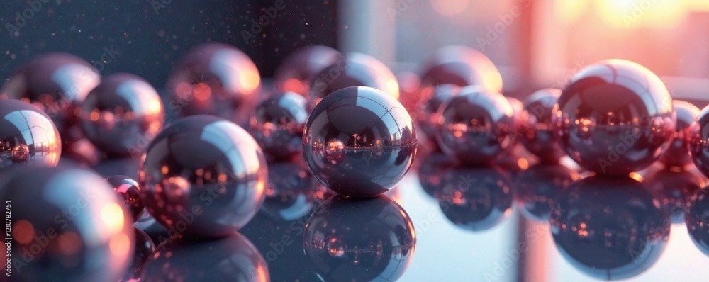 Metallic spheres reflected in a mirror-like surface, mirror, smooth, metallic Metallic spheres reflected in a mirror-like surface, mirror, smooth, metallic
