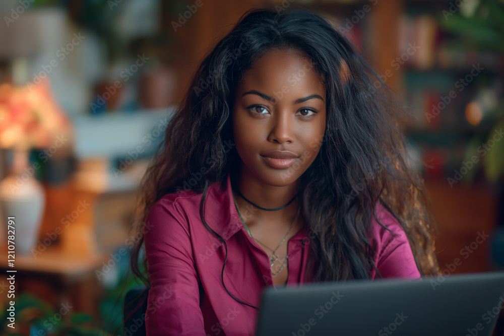 A woman with long hair is sitting at a desk with a laptop A woman with long hair is sitting at a desk with a laptop