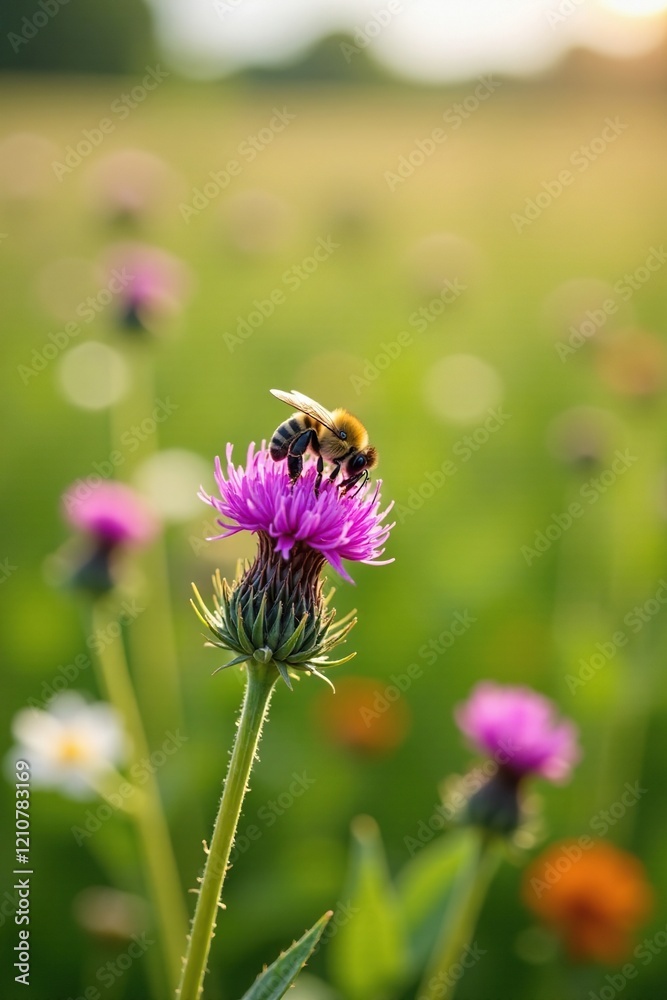 Bee collecting nectar from purple thistle plant in sunny meadow, meadow landscape, insect photography, bees Bee collecting nectar from purple thistle plant in sunny meadow, meadow landscape, insect photography, bees