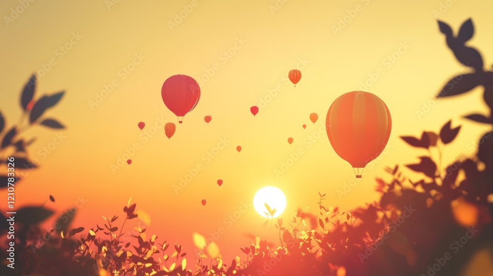 Fototapeta premium Magical scene of floating colorful balloons against a clear sunrise sky