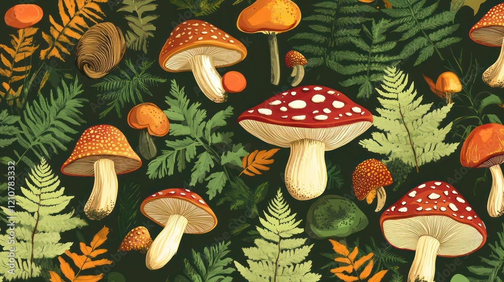 Illustrated pattern of various mushrooms and ferns on dark green background. Illustrated pattern of various mushrooms and ferns on dark green background.