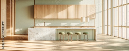 A contemporary kitchen in 3D with opal white marble countertops and sage wood cabinets