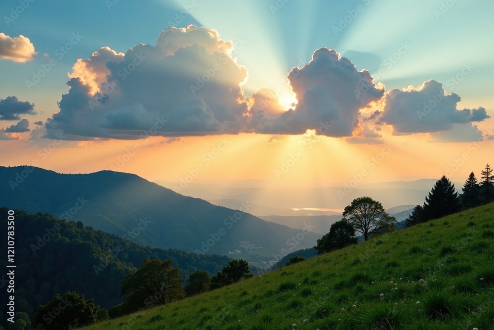 Clouds in warm sunlight casting soft shadows on hills and trees, hills, nature Clouds in warm sunlight casting soft shadows on hills and trees, hills, nature