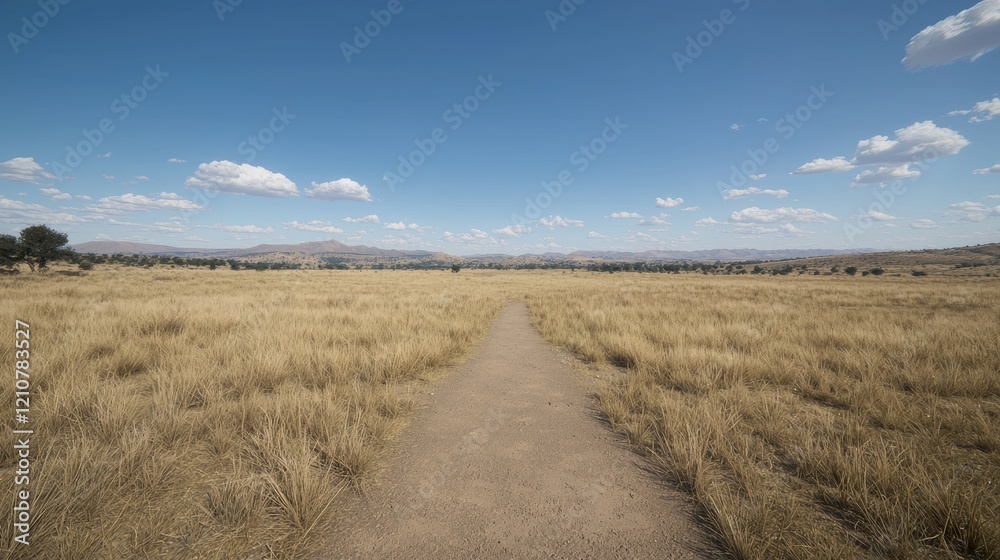 Obraz premium Path through dry savanna, blue sky, distant hills, travel, landscape
