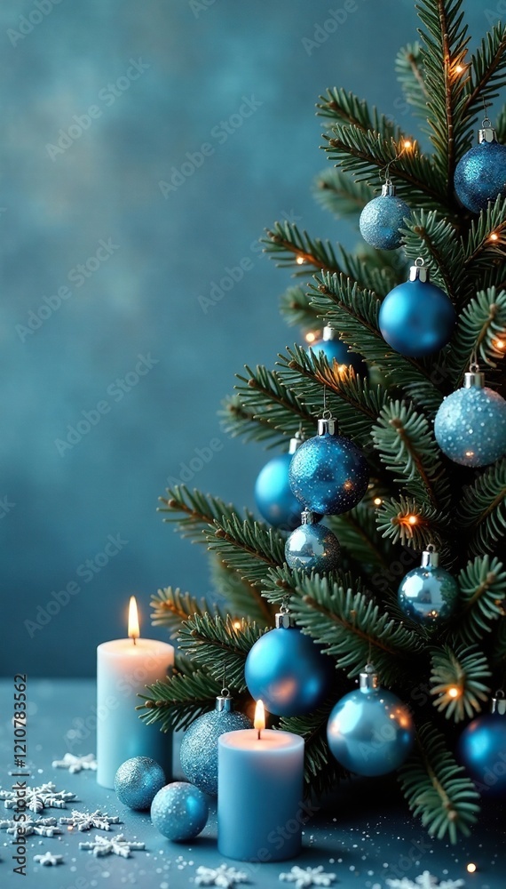 Decorated Christmas tree with blue ornaments and candles, snowflake, elegant