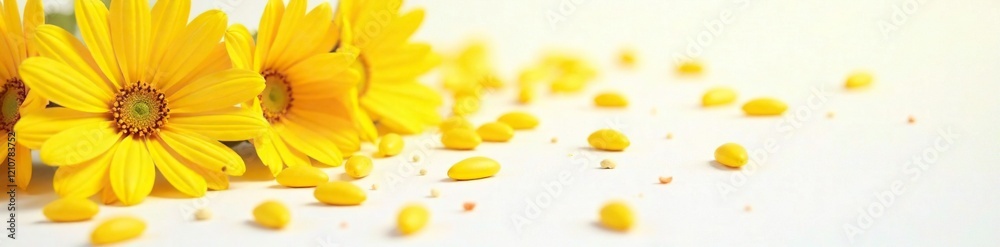 Fototapeta premium Bright yellow seeds scattered on white surface, flowers, sunflower seeds