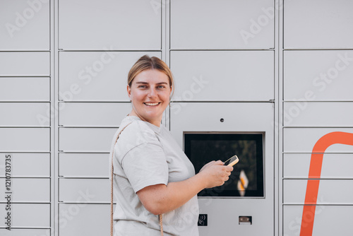 Parcel delivery machine. Mail delivery and post service concept. Happy smiling woman with phone at outdoor automated parcel machine. Electronic locker for storing parcels. photo