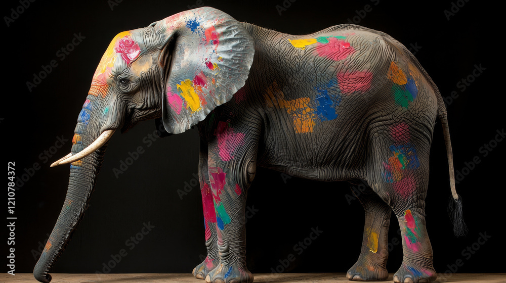 Obraz premium Painted Elephant: A vibrant splash of color on a majestic beast.